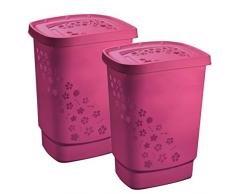 Rotho Flower - Cesto para la Colada (2 Unidades, 55 L), Rosa, 55Liter/44,7 x 34,7 x 60,5 cm