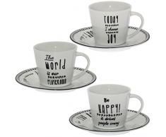 DRW - Set de 6 Tazas de te con Plato de Porcelana be Happy Blanco y Negro Taza:ø9x7,5cm