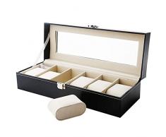 Uten Caja de Relojes Estuche para Relojes y Joyeros con 6 Rejillas Forro de Terciopelo Hebilla de Metal, Alfombrilla de Reloj ExtraÃble, Estuche de Reloj con Cubierta de Cristal, Cuero Sintético Negro
