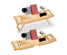 Relaxdays Bandeja Bañera Bambú Extensible, Soporte Libros y Copa de Vino, Tabla Baño con Patas, Natural, 100%, 75-115 cm
