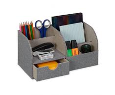 Relaxdays Organizador Escritorio Tela Tipo Lino, Cajón y 6 Compartimentos, 14,5x28x14,5 cm, Portalápices Oficina, Gris