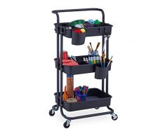Relaxdays Carrito Auxiliar, 3 Niveles, 2 Frenos, Multiusos para Cocina y Oficina, Camarera 86 x 43 x 42 cm, Metal, Negro, 50% Acero 40% plástico 10% Fieltro