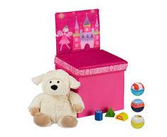 Relaxdays Taburete Plegable Infantil, Respaldo, Arcón para Juguetes, Princesas, 43 x 25 x 26 cm, Rosa, Poliéster, Prinzessin