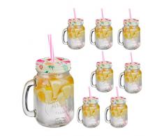 Relaxdays Jarras con Tapa y Pajita, Set de 8, DiseÃ±o de Flamencos, 500 ml, Vasos Retro Veraniegos con Asa, Multicolor, 90% Vidrio 10% Hierro