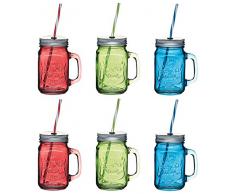 Kitchencraft Home Made Tarro de Cristal para Beber con Pajita, Verde (Juego de 6), Vidrio, Verde, 11 x 7.2 x 13 cm