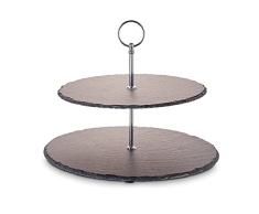 ECHTWERK EW-ET-1778 Soporte para Tartas, Bandeja para Servir Frutas, Queso y postres, Pizarra Natural, 2 Pisos, Mango de Metal, 30/25 cm, 18/8 Stainless Steel