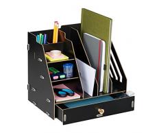 Relaxdays Organizador Escritorio 3 Compartimentos A4, 3 Baldas, 2 Portalápices, 1 Cajón, Oficina, MDF, Color Negro, 100% Tablero de Fibra, 29,5 x 33 x 24 cm