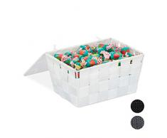 Relaxdays Caja de almacenaje con tapa, Cesta de almacenamiento, PP, 10,5 x 19,5 x 14,5 cm, 1 Ud., Blanco