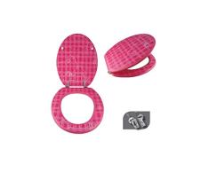 MSV 140767 Vichy - Tapa de Inodoro (Tablero de Madera y Acero Inoxidable, 42,5 x 36,5 x 1,6 cm), diseÃ±o de Cuadros, Color Rosa