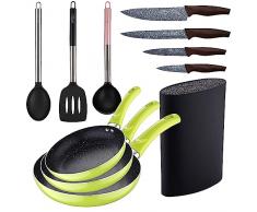 Set 3pc sarten (20+24+28cm) aluminio prensado verde con Set 3pc utensilios de cocina nylon con Set 4pc cuchillos acero inoxidable con Tacoma/bloque