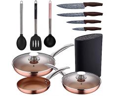 Set 5pc sartenes 20,24,28 cm (con tapa) aluminio prensado inducción con Set 3pc utensilios de cocina nylon con Set 4pc cuchillos acero inoxidable con Tacoma/bl