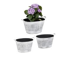 Relaxdays Juego de 3 bandejas de Metal para Plantas, 10, 12, 16 litros, Bandeja Decorativa con Asas, para jardÃ­n, Estilo Shabby Chic, Ovalada, Color Blanco