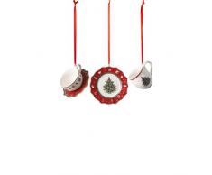 Villeroy & Boch - Toys Delight Decoration Adornos de Piezas de vajilla en Rojo, 3 Piezas, Encantador Juego de Colgantes para el árbol de Navidad, Porcelana, Rojo, 4 x 7 cm