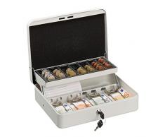 Relaxdays Caja Dinero con Llave, Bandeja Monedas y 4 Compartimentos Billetes, Cajita Hierro, 8,5x30,5x24,5 cm, Blanco