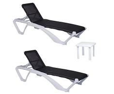 RESOL Acqua Set 2 Tumbonas y 1 Mesa Auxiliar Andorra | Conjunto de Tumbonas con Ruedas Apilables | | Muebles de JardÃn Exterior | Estructura y Mesilla Blanca | Textilene Color Negro