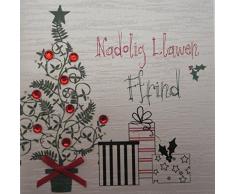 White Cotton Cards Nadolig Llawen Friend gallois tarjeta de Navidad hecha a mano en forma de árbol de navidad y regalos
