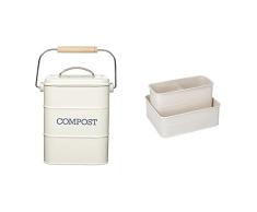 KitchenCraft Living Nostalgia Metal Kitchen Compost Bin, Antique Cream, 16.5 x 12 x 24 cm & KitchenCraft Caja Organizadora de Accesorios para Fregadero MetÃ¡lica, 17 cm Beige