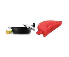 Lacor Forte 25827 - Cacerola Baja con Tapa de Cristal de 28 cm, Aluminio, Color Negro + Lacor 60052 - Manopla cubreasas Silicona, 2 Piezas, roja