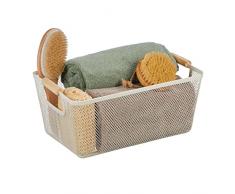 Relaxdays Cesta de alambre rectangular con asas de madera, cesta de almacenamiento de metal, 16,5 x 37 x 22,5 cm, para cocina y baÃ±o, color blanco