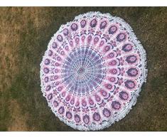 Bazzaree Tapiz de Playa Redondo con Mandala Bohemia, Hippie, tapete para Yoga, Redondo, algodón, Rosa, Azul, Blanco, 130 cm