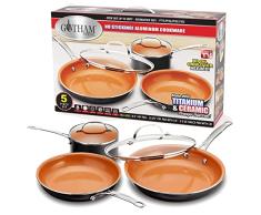 GOTHAM STEEL - Juego de Utensilios de Cocina de 5 Piezas con Superficie de Cobre Antiadherente, Aptos para lavavajillas, Asas frÃ­as al Tacto, Incluye sartenes, Stock Pot y Tapas de Vidrio