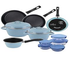 Magefesa Higiénico BaterÃa cocina Cazo 16, Ollas de 20/24 y Set 3 sartenes 20/24/28 acero esmaltado vitrificado, inducción y lavavajillas y 5 boles de vidrio 150ml/200ml/350ml/500ml/900ml