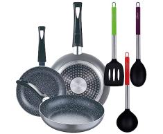 Set 3pc sarten (16+20+24cm) aluminio prensado, inducciÃ³n, negra Soul Marble con Set 3pc utensilios de cocina nylon