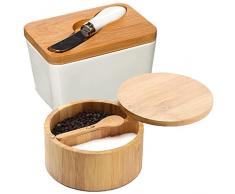 SET DE MANTEQUERA CON TAPA Y CUCHILLO + RECIPIENTE CON SEPARADOR PARA LA SAL Y PIMIENTA CON CUCHARA HECHO EN CERÃMICA Y BAMBÃ.
