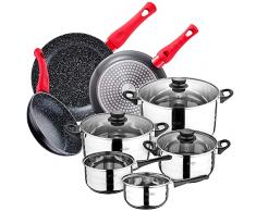 San Ignacio Paquete 3 sartenes diámetro 20/24/28 cm, aluminio forjado + Bateria cocina 8 pcs 5 cuerpos y 3 tapas de vidrio, acero inoxidable, inducción