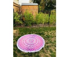 Bazzaree Tapiz de Playa Redondo con Mandala Bohemia, Hippie, tapete para Yoga, Redondo, algodón Morado y Blanco, 130 cm