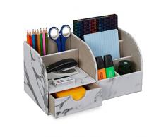 Relaxdays Organizador Escritorio Efecto MÃ¡rmol, CajÃ³n y 6 Compartimentos, 14,5x28x14,5 cm, PortalÃ¡pices, Blanco y Gris