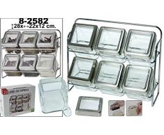 DRW - Set de 6 especieros de Cristal Transparente con Soporte de Metal Cromado 28x22x12cm