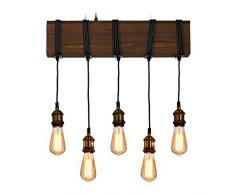 Relaxdays Lámpara colgante de madera, Cinco focos, E27, Rústica, Iluminación de techo, 157 x 56 x 13 cm, Marrón, 40 W, 1 Ud