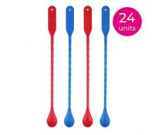 Koala Spain (24 Unidades) Cucharillas Largas Cocktail de PlÃ¡stico Trenzadas con Rallador, (12) Color Rojo, (12) Color Azul