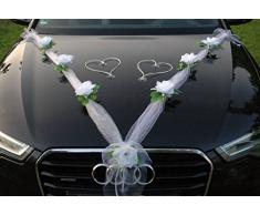 Autoschmuck Decoración para Coche (Tela de Organza con Rosas de ratán y Corazones) para Coches de Novios (Blanco Puro y Blanco)