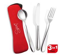 SPICE - Juego de 3 Cubiertos portÃ¡tiles de Viaje, Camping, de Acero Inoxidable, Tenedor, Cuchillo, Cuchara, Rojo, L