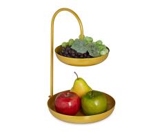 Relaxdays Frutero 2 Pisos, Metal, 31 x 23 x 20 cm, Cuenco Redondo para Manzanas, PlÃ¡tanos, Verduras y Galletas, Dorado, 100% Hierro