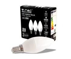 V-TAC Bombilla LED Vela E14-4,5W (Equivalente a 40W) - 470 Lumen - 4000K Blanco Neutro - Apertura del Haz de Luz 180grados - Máxima Eficiencia y Bajo - Paquete de 3, VT-2076