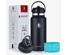 FVKOOG Botella de agua de acero inoxidable con aislamiento al vacÃ­o, doble pared a prueba de fugas de agua de boca ancha con paja(negro)