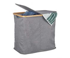 Relaxdays Cesto para la Ropa Sucia con Tapa, Plegable, Bambú & Tela, Dos Compartimentos, 74L, 1 Ud, Gris, 74 L