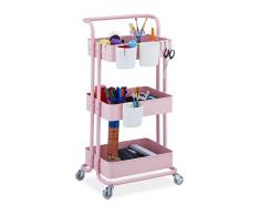 Relaxdays Carrito Auxiliar, 3 Niveles, 2 Frenos, Multiusos para Cocina y Oficina, Camarera 86x38x39 cm, Metal, Rosa, 80% Acero plástico 10% Fieltro