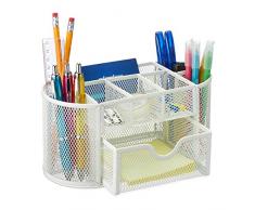 Relaxdays Portalápices con Cajón, Organizador de Escritorio para BolÃgrafos, Malla Metálica, 10,5 x 22 x 11 cm, Blanco