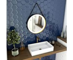 AURLANE Espejo de baÃ±o Redondo â DiÃ¡metro 55 cm â Negro Mate y Acabado Bronce â Circle Horus LED