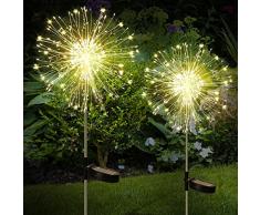 Lámparas solares para jardÃn al aire libre: 2 piezas de luz solar de decoración de jardÃn, 120 luces LED de fuegos artificiales, luces de jardÃn de diente de león con enchufe solar IP65 (8 modos)