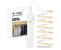 V-TAC Luz armario tira LED con sensor de movimiento y botón ON OFF â Tira LED de 1 metro para iluminar armarios, muebles, camas, escaleras, cocina â Funciona con pilas AAA â Luz cálida