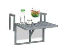 Relaxdays Mesa Balcón Plegable, Mesita Auxiliar para Colgar de Barandilla, Altura Regulable, 55x70x65 cm, Madera, Gris, 90% 10% Acero