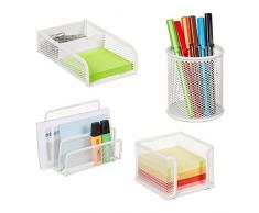 Relaxdays Organizador de escritorio, 4 piezas, metal, portadocumentos, caja de notas, soporte para clips y bolÃgrafos, color blanco