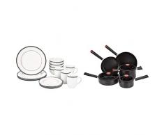 AmazonBasics - Vajilla para 4 personas (16 piezas), diseño de rayas + Juego de utensilios de cocina, sartenes y ollas de inducción