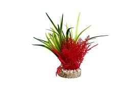 Tyrol Planta de Acuario Artificial - Planta de PlÃ¡stico para Acuario sobre Base Pesada para Adorno y DecoraciÃ³n - Arbusto Verde y Coral Rojo