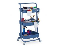Relaxdays Carrito Auxiliar, 3 Niveles, Multiusos para Cocina y Oficina, Camarera 86 x 43 x 34 cm, Metal y Plástico, Azul, 50% Acero 40% 10% Fieltro